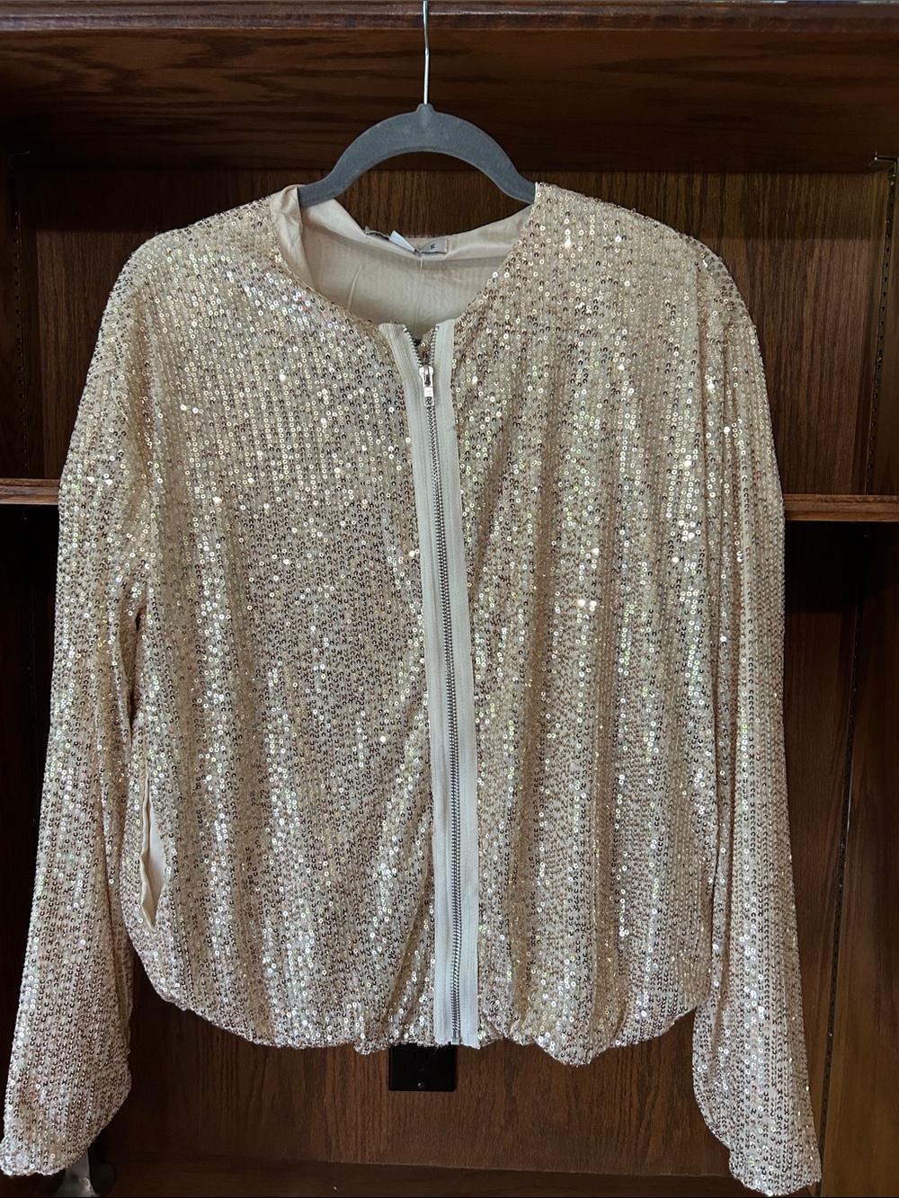 HYFVE Women's Sequined Bomber Jacket in Champagne Gold